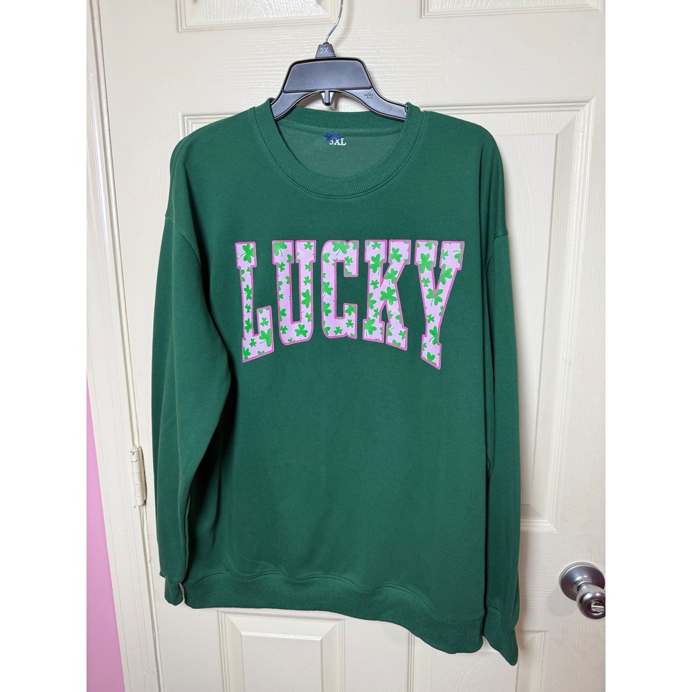 Lucky St Patricks Day Green Sweatshirt Womens 3XL Pink Shamrock Graphic Pullover